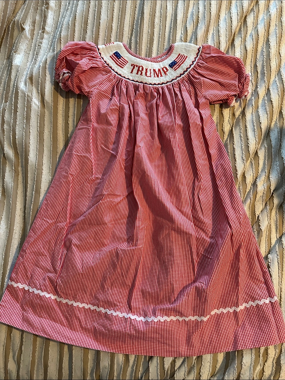 Kids Red Gingham Smocked Dress with Patriotic Embroidery